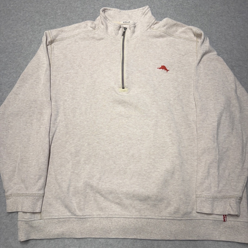 Tommy Bahama Sweatshirt Mens 3XL Beige Relax 1/4 Zip Mock Neck Cotton Pullover
